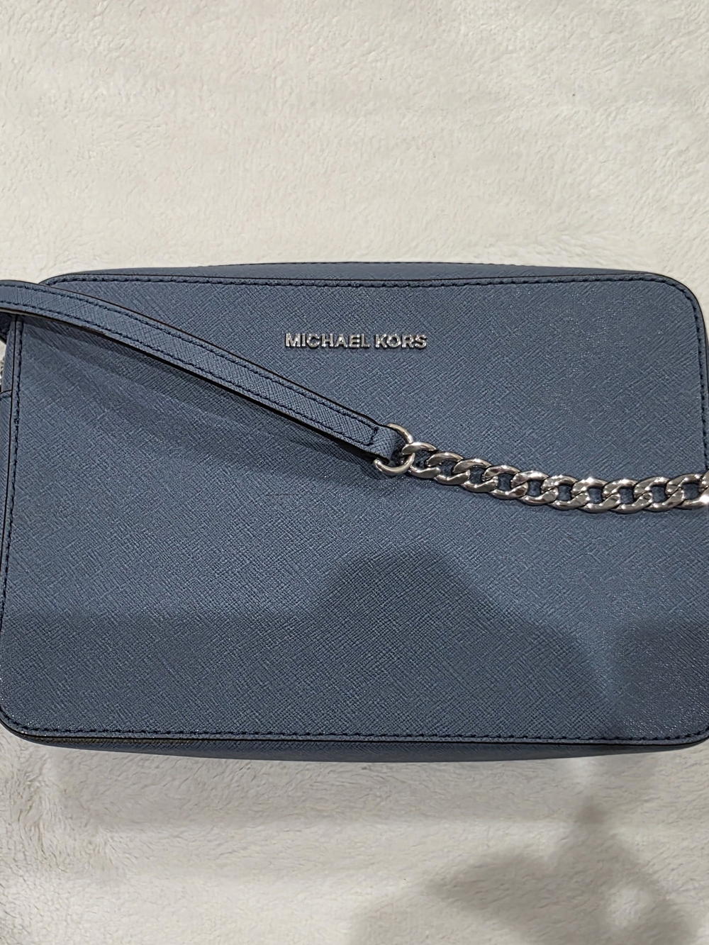 Michael Kors Blue Saffiano Crossbody with Silver Chain